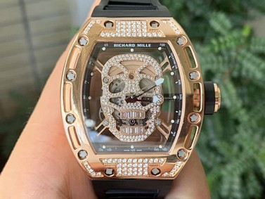 RM052 Polished RG Full Paved Diamonds Skull Dial on Black Rubber Strap MIYOTA8215 - 1:1 Mirror Replica