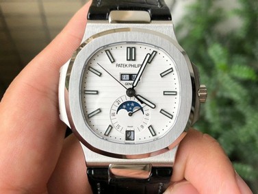NAUTILUS 5726 COMPLICATED SS 1:1 BEST EDITION BLACK WHITE DIAL ON BLACK LEATHER STRAP A324 Mirror Replica