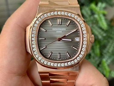 Nautilus Jumbo 5711R RG PF 1:1 Best Edition Brown Textured Dial Diamonds Bezel on RG Bracelet A324 Clone Replica Watch