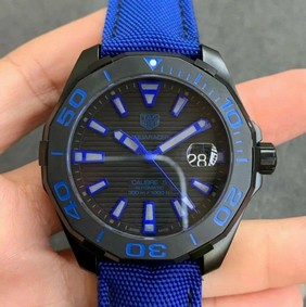 Aquaracer Calibre 5 PVD 43mm OXF 1:1 Best Edition Ceramic Bezel Black Dial on Blue Nylon Strap SW200 Mirror Replica