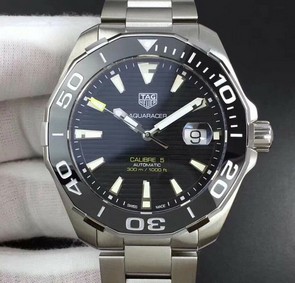 Aquaracer Calibre 5 SS 43mm KOR 1:1 Best Edition Black Ceramic Bezel Black Dial on SS Bracelet SW200 Replica Watch