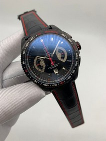 Tag Heuer Black Red Dial Chrono on Black Leather Strap Mirror Replica