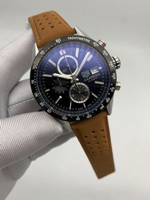 Tag Heuer Black Dial Chrono on Brown Leather Strap Mirror Replica